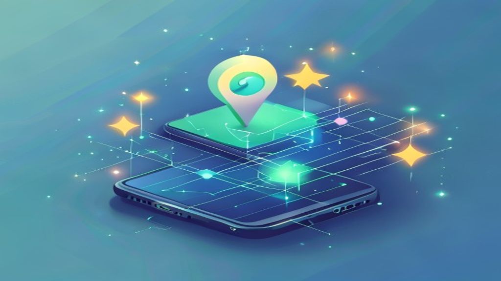 スマートフォンとGoogleマップのピン、星評価が上昇する様子を示すビジネスイラスト